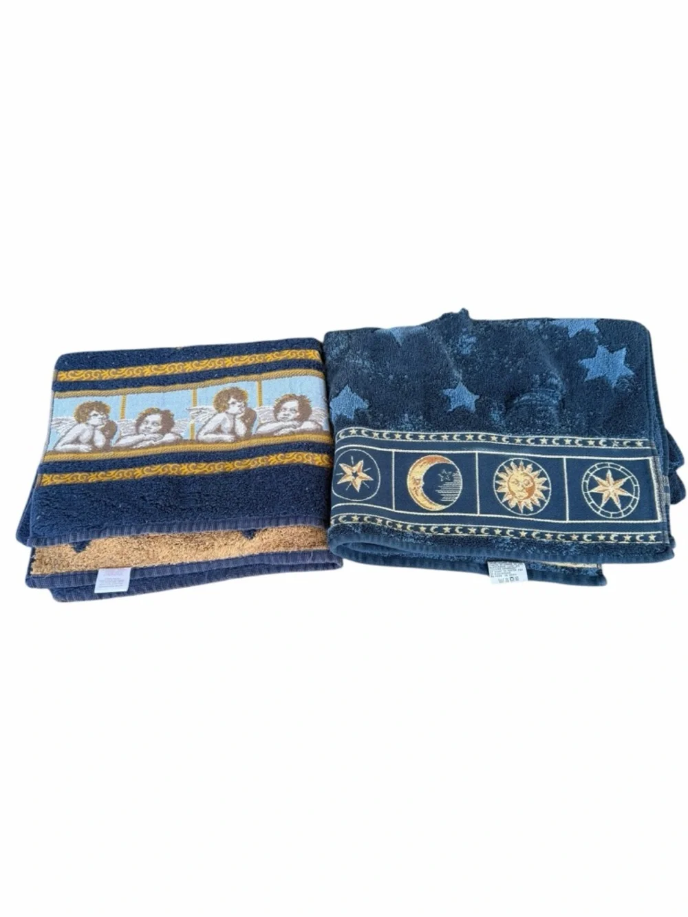 VTG Celestial Sun Moon Stars Cherub Angel Bath Towel Set Damaged Cutter READ